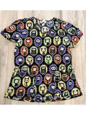 Dickies Scrubs Women’s Medical Scrub Top V-Neck Halloween Cats Print Sz L